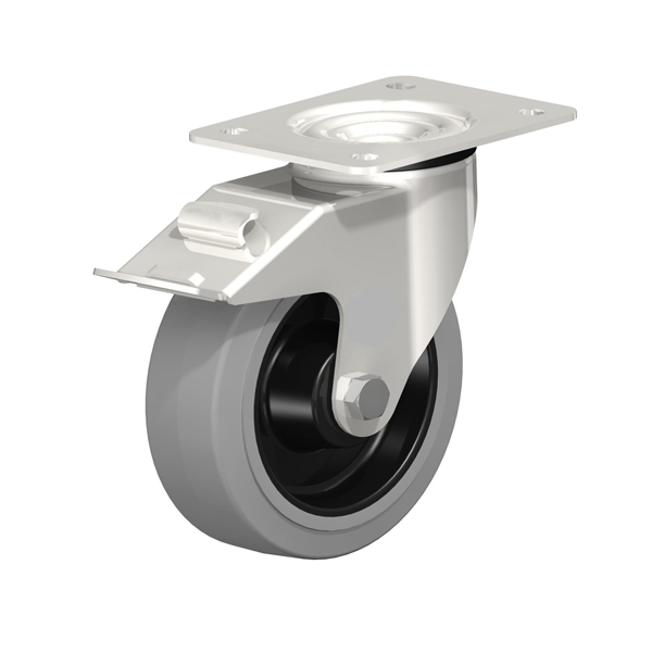 Rubber RVS Zwenkwiel+rem 125mm plaatbev. 150kg