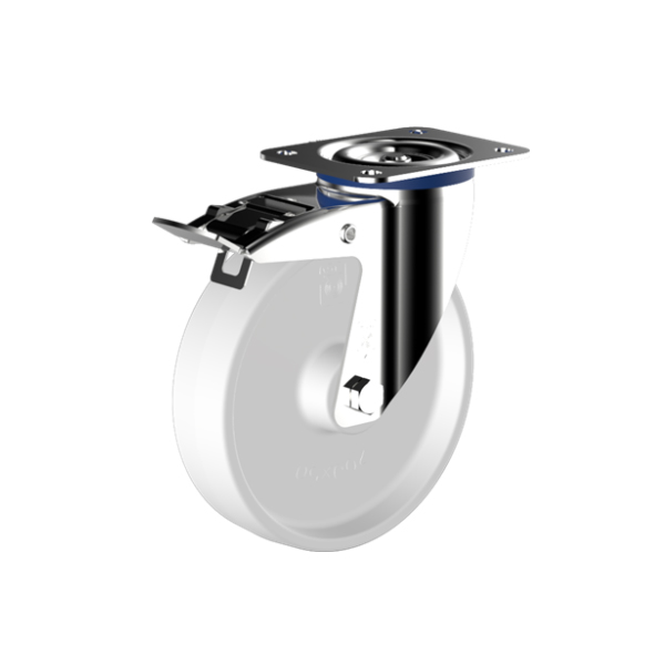 Nylon RVS Zwenkwiel+rem 100mm plaatbev. 200kg