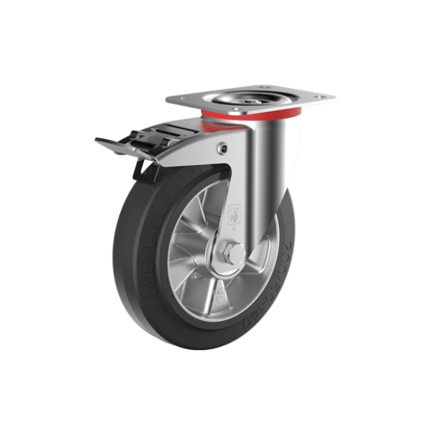 Rubber zwaarlast Zwenkwiel+rem 80mm plaatbev. 100kg