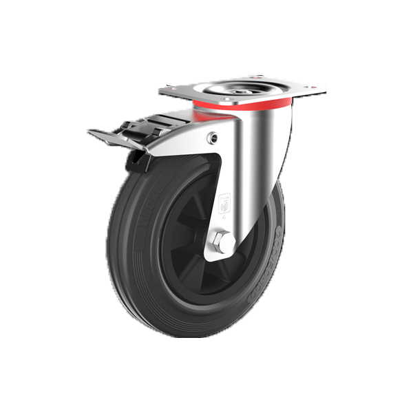 Rubber Zwenkwiel+rem 100mm plaatbev. 70kg